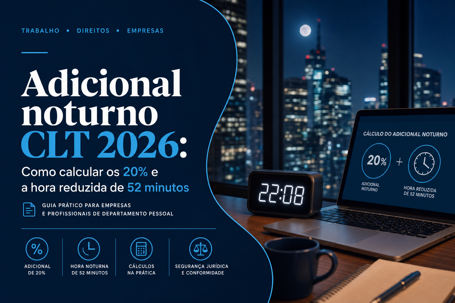 Adicional noturno clt 2026: Como calcular os 20% e a hora reduzida de 52 minutos