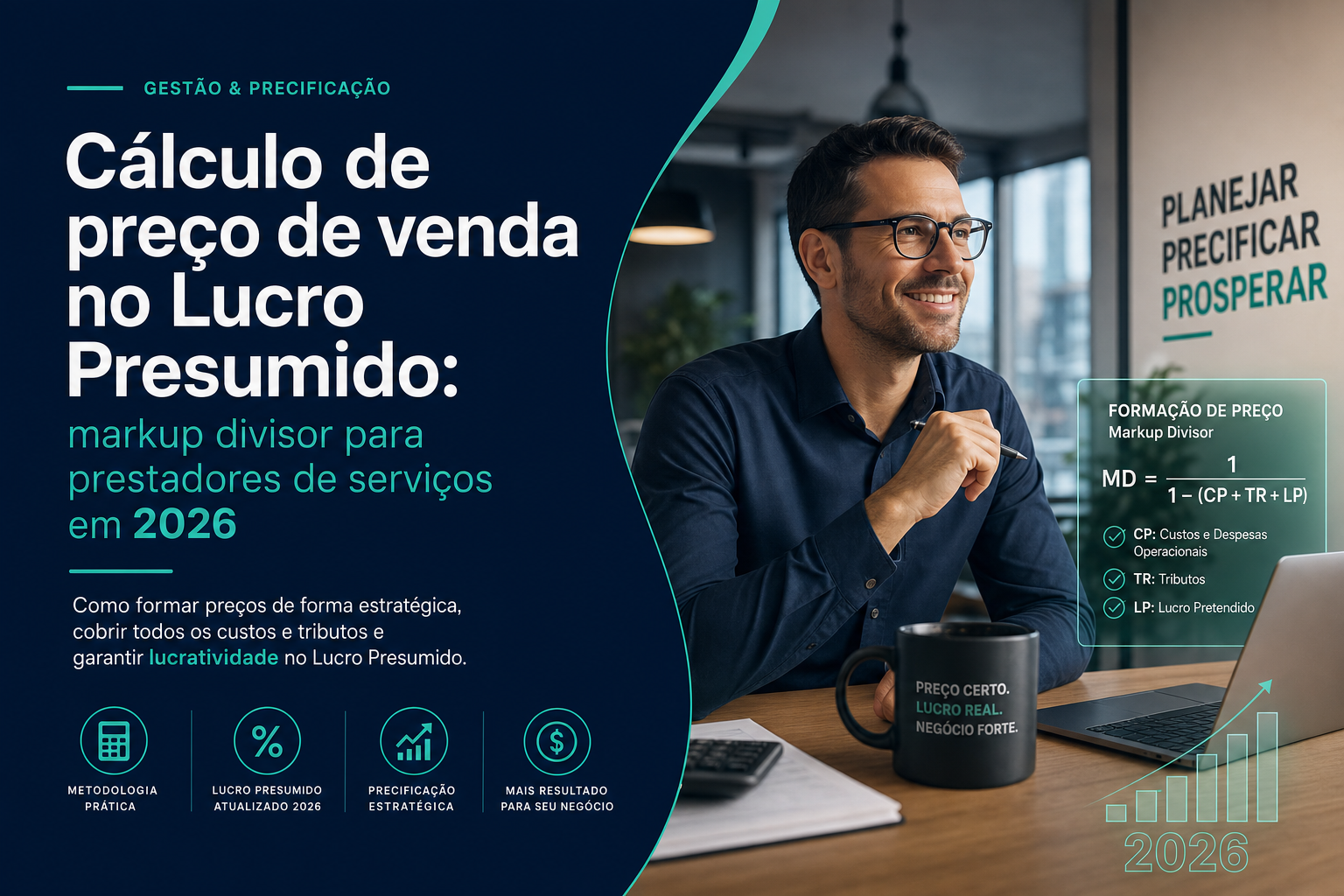 Cálculo de preço de venda no Lucro Presumido: markup divisor para prestadores de serviços em 2026