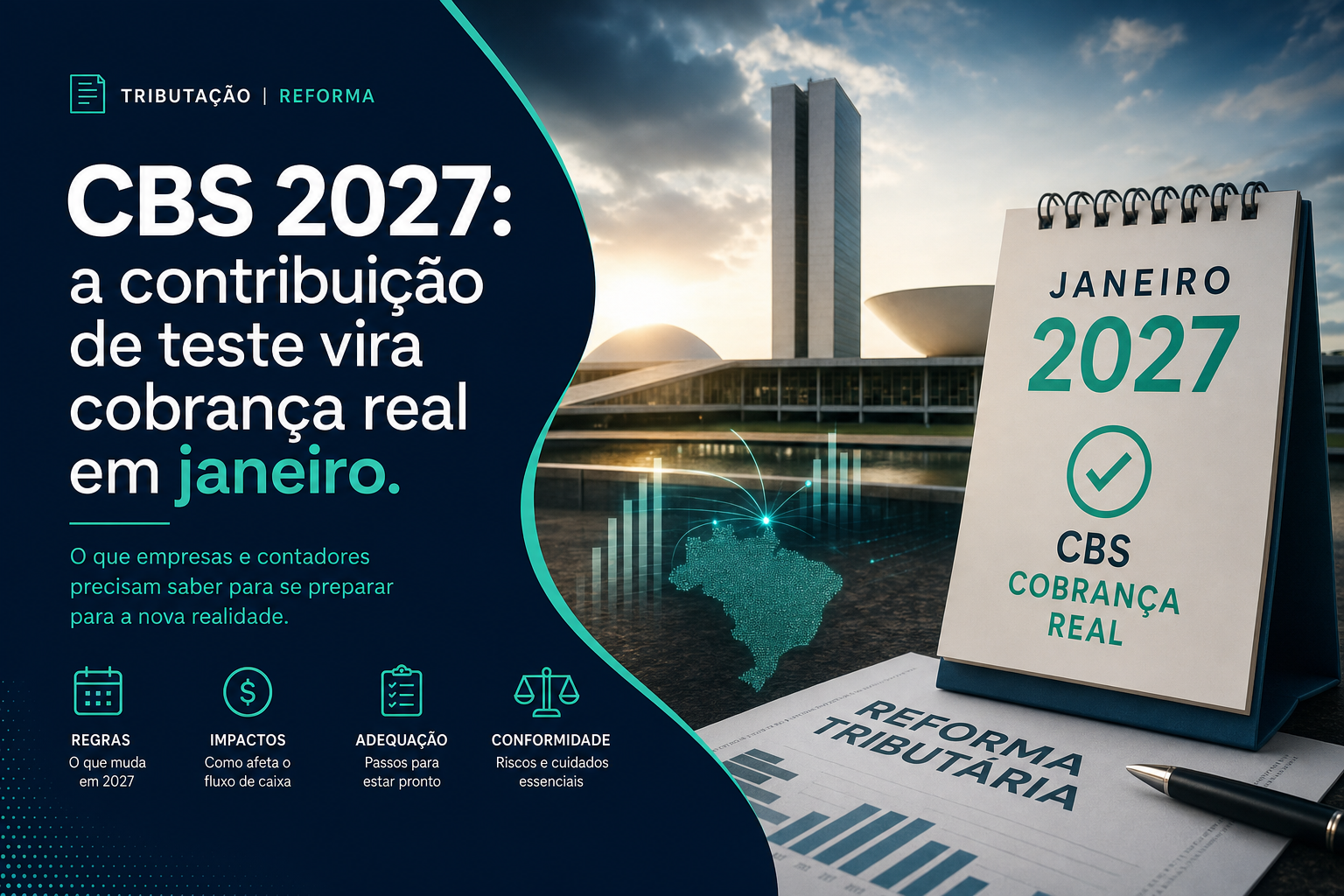 Ilustração da transição da reforma tributária: a CBS de 2027 substituindo PIS e Cofins, com o IBS e o ICMS em fases