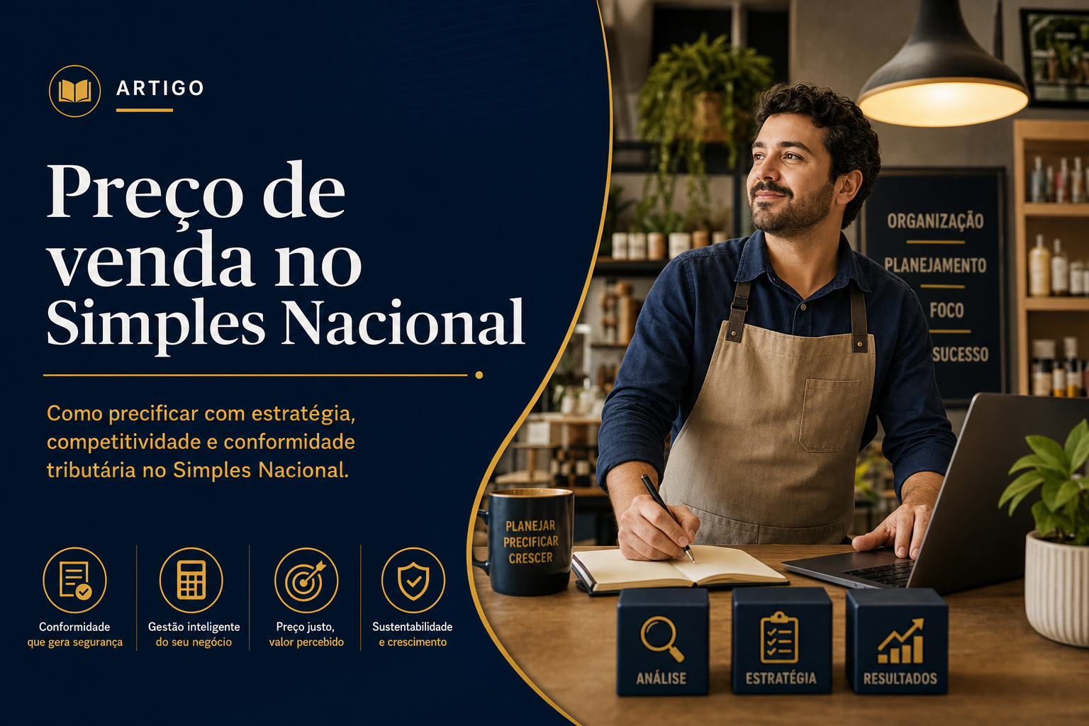 Ilustração da formação de preço de venda: painel editorial com markup divisor em destaque e cena de precificação na loja optante pelo Simples Nacional.