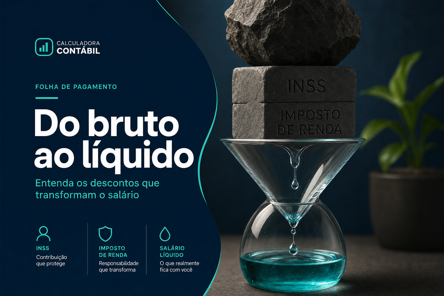 Ilustração do cálculo do salário líquido: contracheque com tabela de faixas, calculadora e o valor que cai na conta
