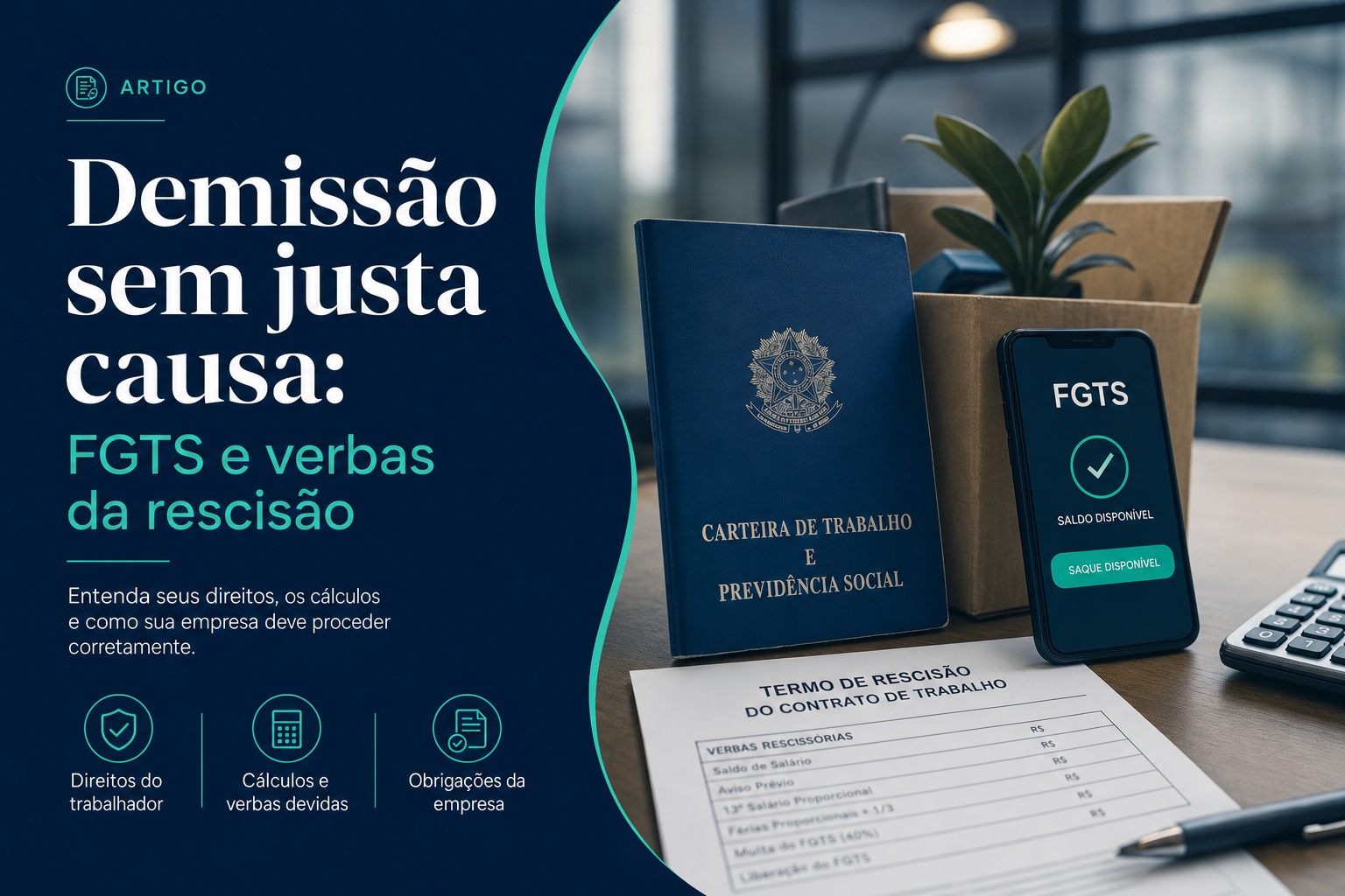 Ilustração do termo de rescisão na demissão sem justa causa, com as verbas devidas, os descontos e a multa do FGTS